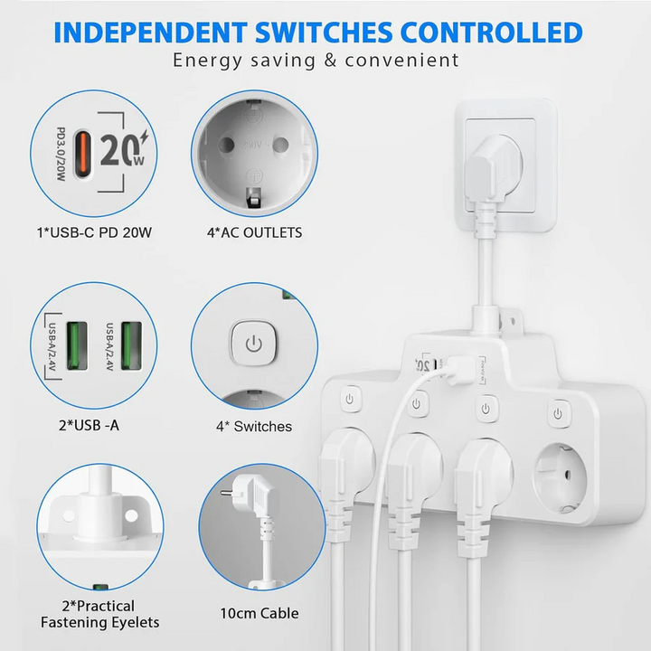 Lisslune | Wall Mounted Power Strip with Independent Switch 2 USB A and 1 USB C