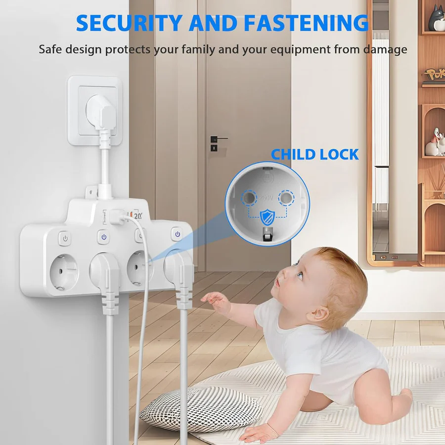 Lisslune | Wall Mounted Power Strip with Independent Switch 2 USB A and 1 USB C