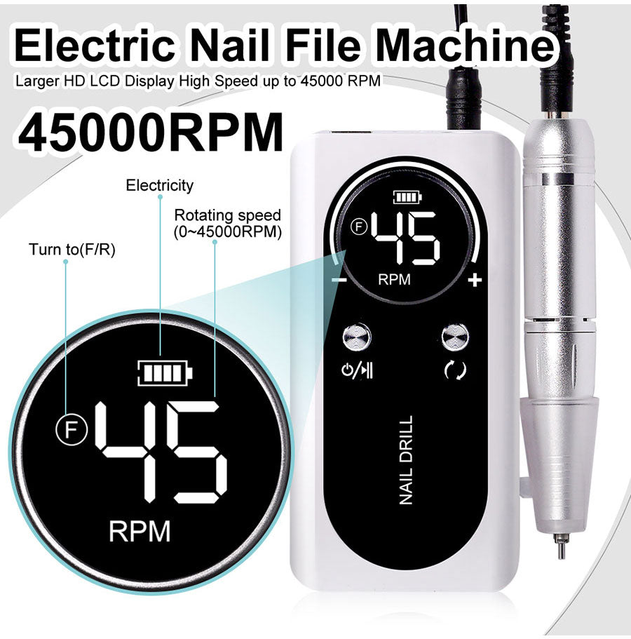 Lisslune | Professional 45000RPM portable electric nail file with rechargeable battery | Low noise level for manicure