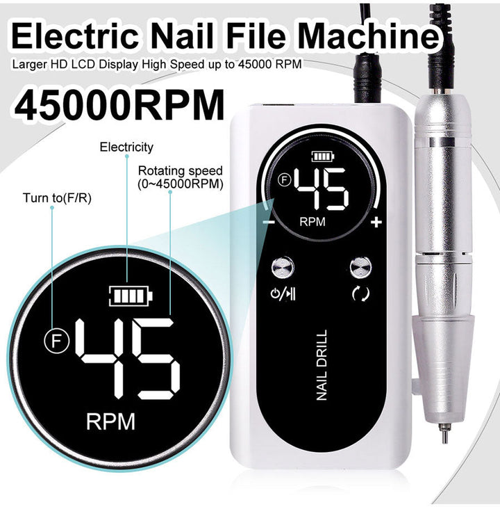 Lisslune | Professional 45000RPM portable electric nail file with rechargeable battery | Low noise level for manicure