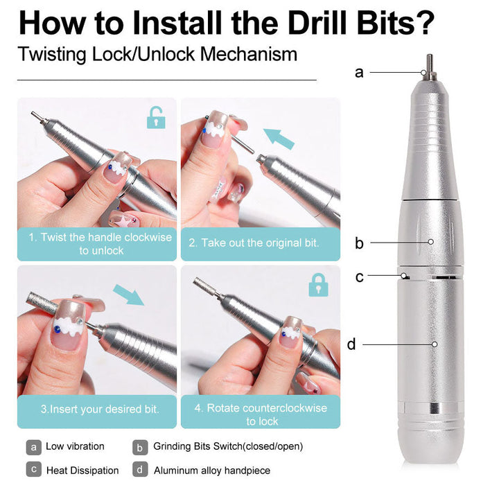 Lisslune | Professional 45000RPM portable electric nail file with rechargeable battery | Low noise level for manicure