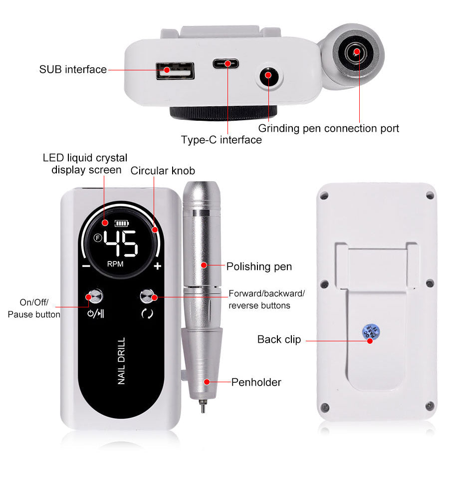 Lisslune | Professional 45000RPM portable electric nail file with rechargeable battery | Low noise level for manicure