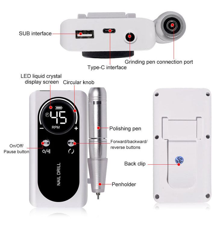 Lisslune | Professional 45000RPM portable electric nail file with rechargeable battery | Low noise level for manicure