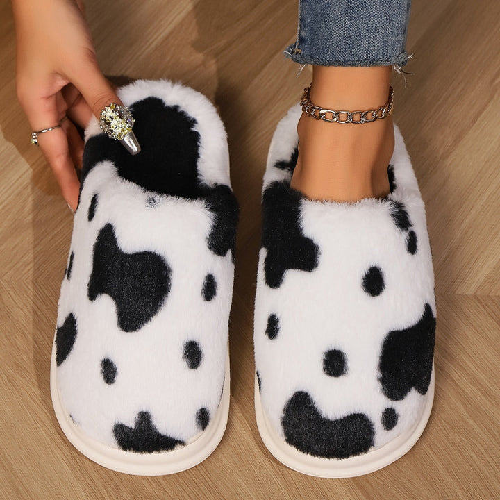 Lisslune | Shady Cow Print Plush Slippers for Couples - Cozy Anti-Slip Soft Home Shoes for Winter