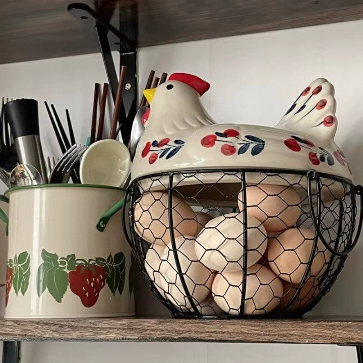 Lisslune | Ceramic Egg Holder Chicken with Wire Basket