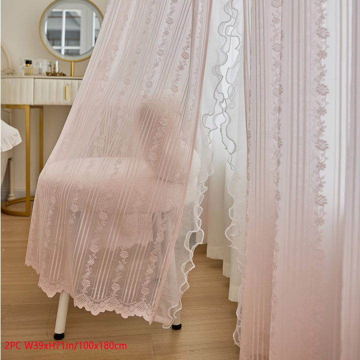 Rynx | 2pcs Pink Lace Ruffle Curtains] 2pcs Aifish Pink Lace Tulle Ruffle Curtains - Double Layer Beaded Voile with Curtain Rod Pocket, Romantic Window Decoration for Bedroom & Living Room, Polyester Fabric, Curtains for Bedroom