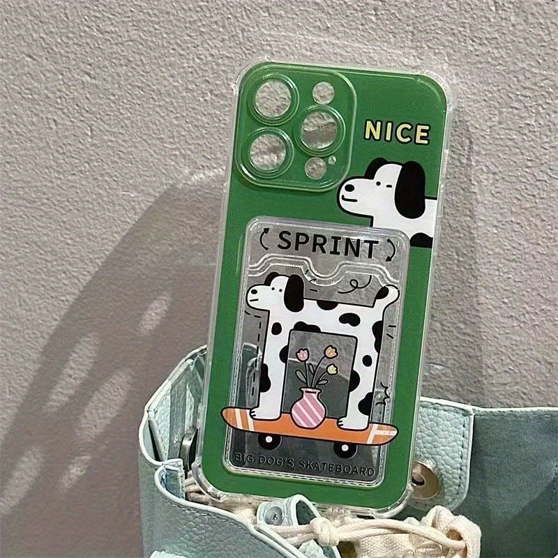 Lisslune | Stoßfester Kartenhalter Telefonhülle | Grünes Skateboard-Beflecktes Hundecartoon-Design mit Fotoschlitzen | Kompatibel mit iPhone 16, 16 Pro, 16 Pro Max, 15 Pro, 15 Pro Max, 14, 14 Pro Max, 13, 12, 11, XS Max, XR, 7, 8, SE, 12,