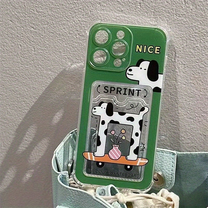 Lisslune | Stoßfester Kartenhalter Telefonhülle | Grünes Skateboard-Beflecktes Hundecartoon-Design mit Fotoschlitzen | Kompatibel mit iPhone 16, 16 Pro, 16 Pro Max, 15 Pro, 15 Pro Max, 14, 14 Pro Max, 13, 12, 11, XS Max, XR, 7, 8, SE, 12,