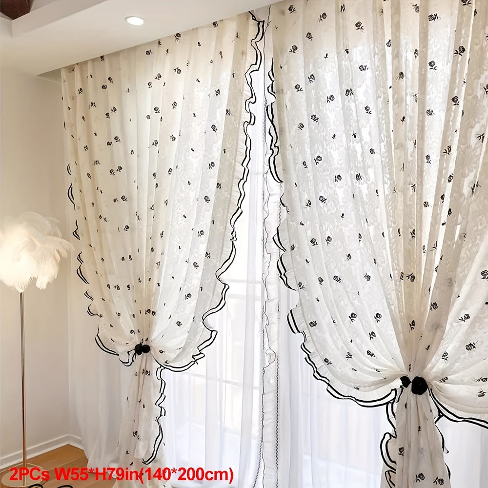 Rynx | Elegant French Romantic Rose Embroidered Curtains - 2 Piece Set, Beige & Cream Ruffle Design for Living Room and Bedroom, Light Filtering Rod Pocket Curtains
