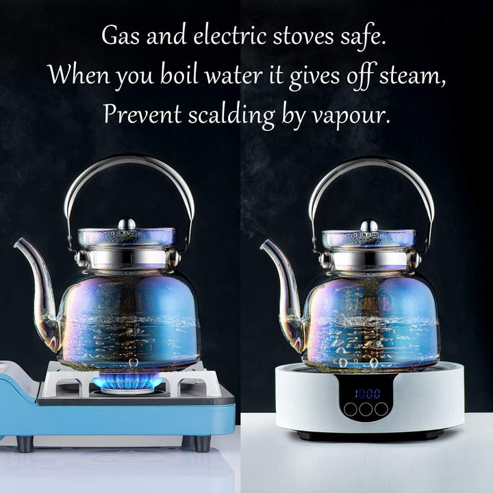Lisslune | 50 Oz(1500Ml) Glass Teapot with Lid, Removable Stainless Steel Tea Strainer and Handle, Stovetop Safe Tea Maker for Blooming and Loose Leaf Tea (Iridescent)