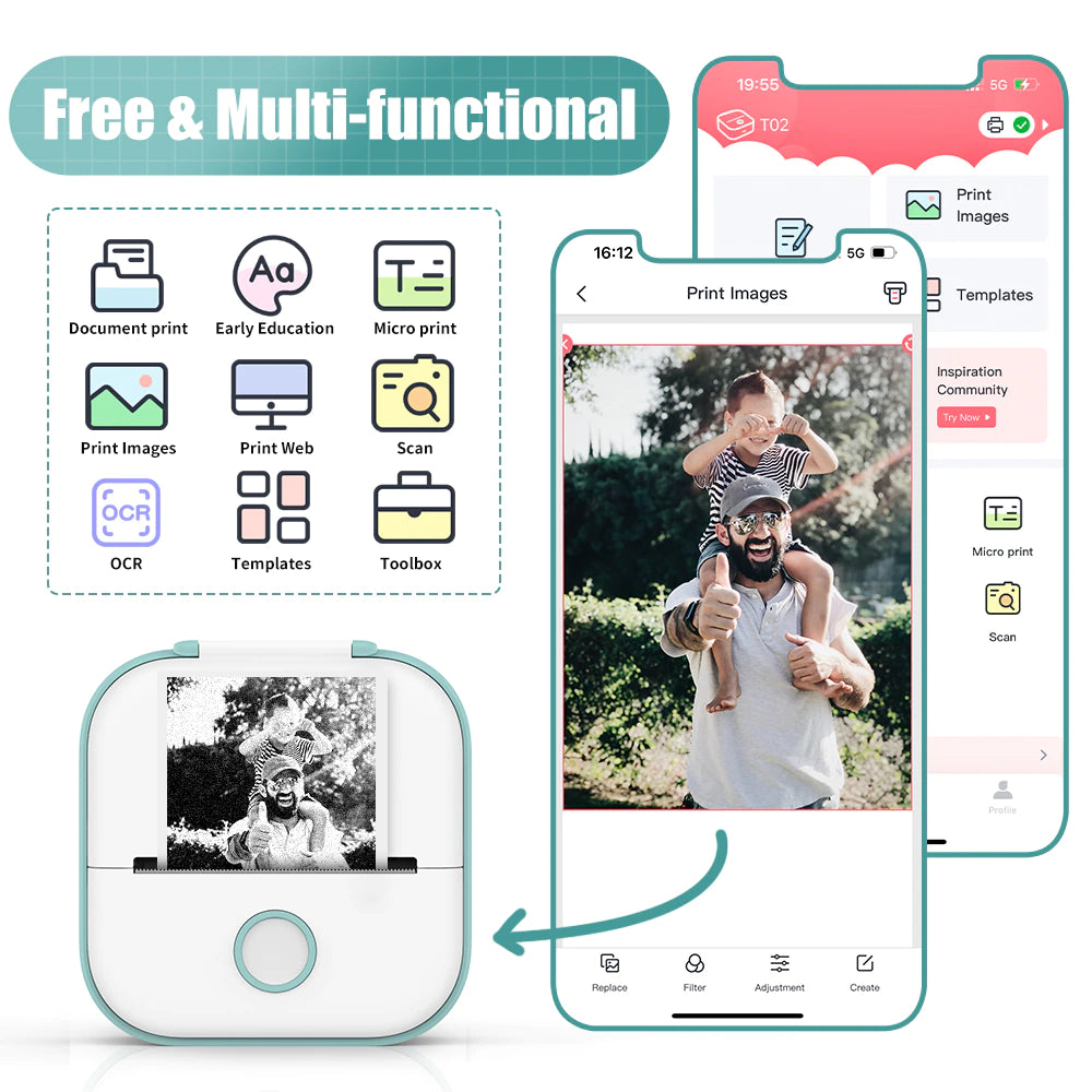 Lisslune | T02 Portable Mini Wireless Thermal Pocket Printer Self-Adhesive Stickers Used for DIY, Journal Stickers Portable Printer