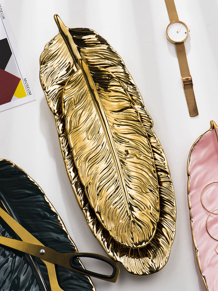 Lisslune | Nordic Light Luxury Style on Golden Feather Plate Retro Jewelry Plate Storage Plate Snack Plate Home Decor