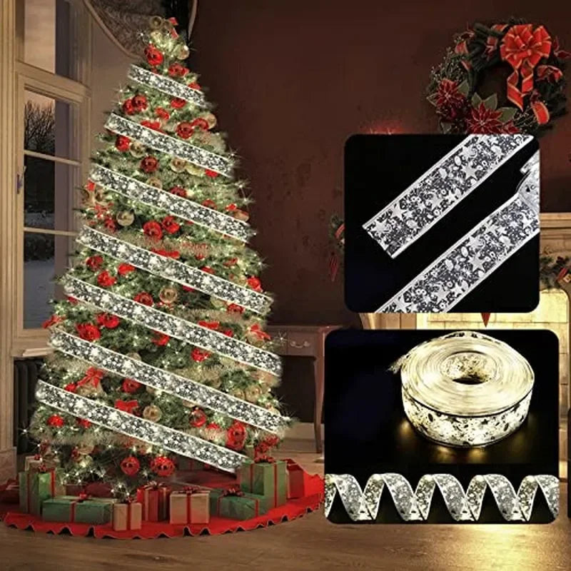 Lisslune | Christmas ribbon fairy lights Christmas decoration DIY bows lights tree ornament for home 2023 Christmas ornament New Year Navidad