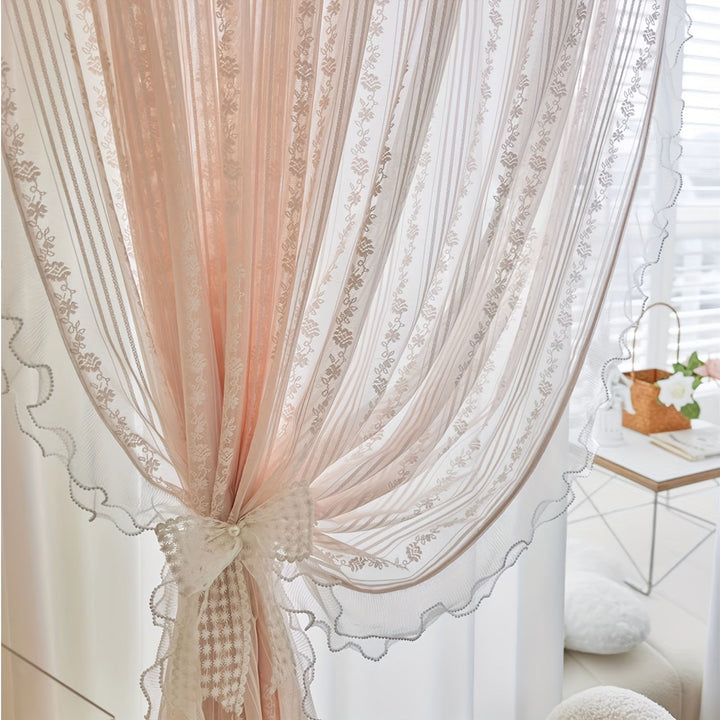 Rynx | 2pcs Pink Lace Ruffle Curtains] 2pcs Aifish Pink Lace Tulle Ruffle Curtains - Double Layer Beaded Voile with Curtain Rod Pocket, Romantic Window Decoration for Bedroom & Living Room, Polyester Fabric, Curtains for Bedroom