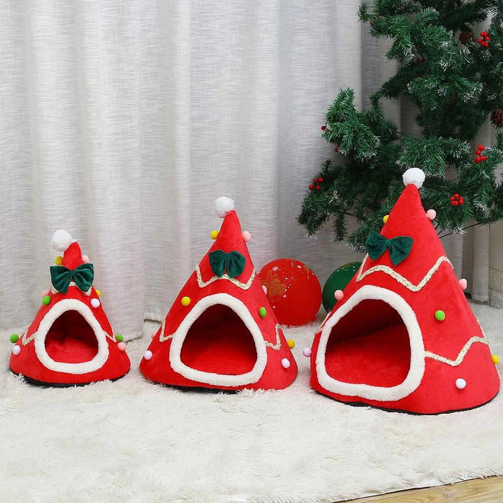 Lisslune | Cat Bed House Christmas Tree Shape Puppy Accommodation Washable Cat Mat Kitten Cave Winter Warm Pet Beds for Cats Dogs Pet Accessories