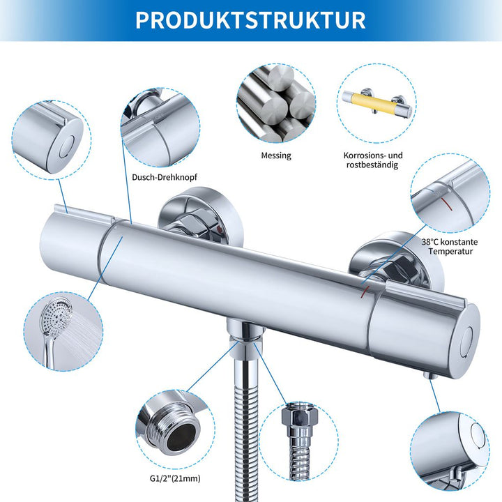 Lisslune | Shower faucet with thermostat Chrome mixer tap Shower with 38°C safety button Shower thermostat fitting Stainless steel shower fittings Shower thermostat