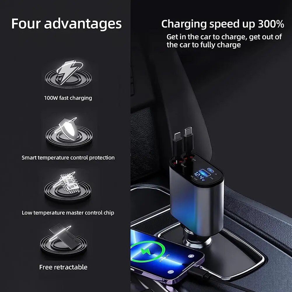 Lisslune | High-Speed 4-in-1 Retractable Car Charger with Dual USB, Type-C & Lightning Cables