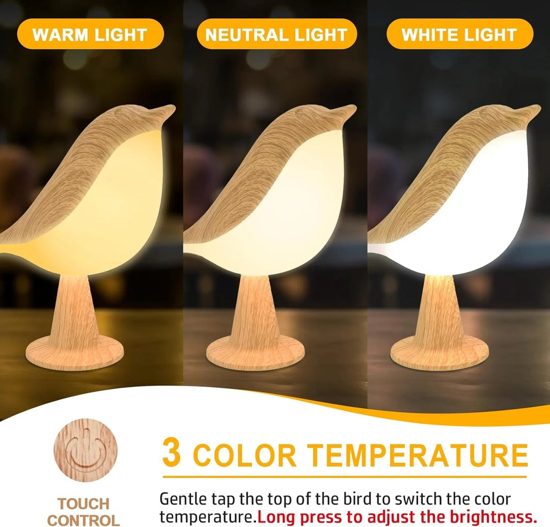 Lisslune | Touch-Control Wooden Bird Night Light - Rechargeable LED Bedside Lamp