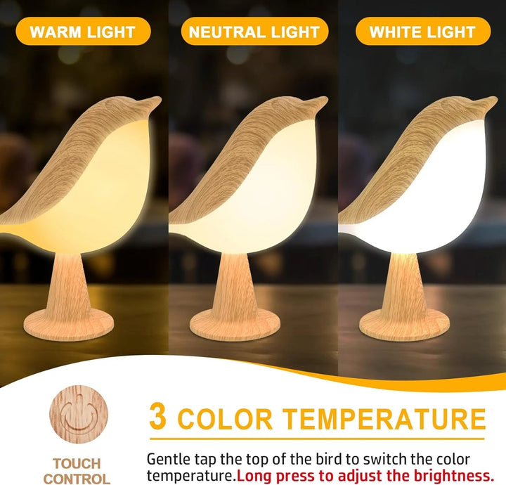 Lisslune | Touch-Control Wooden Bird Night Light - Rechargeable LED Bedside Lamp