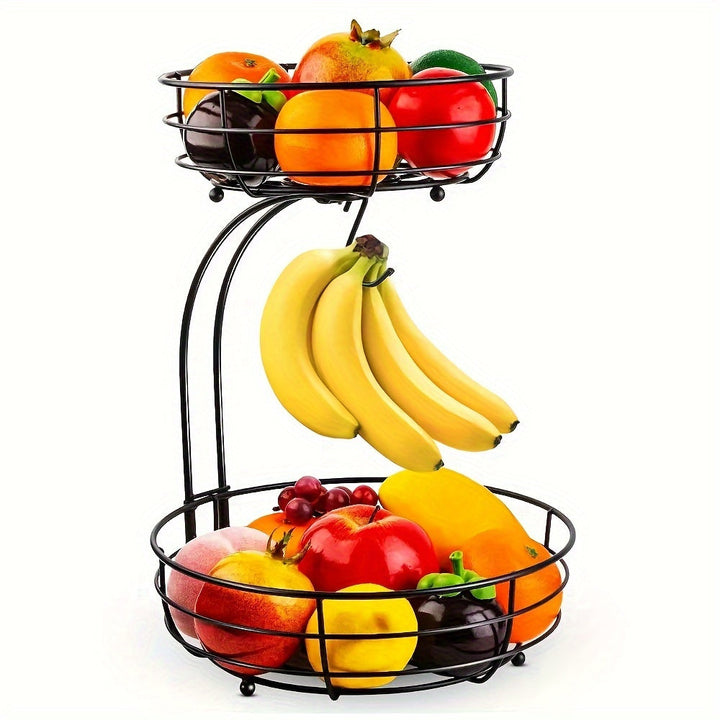 Lisslune | 2-Layer Oval Fruit Basket with Banana Holder – Metal Kitchen Organizer