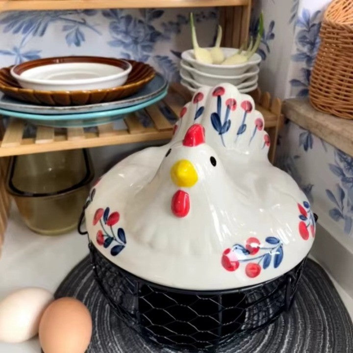 Lisslune | Ceramic Egg Holder Chicken with Wire Basket