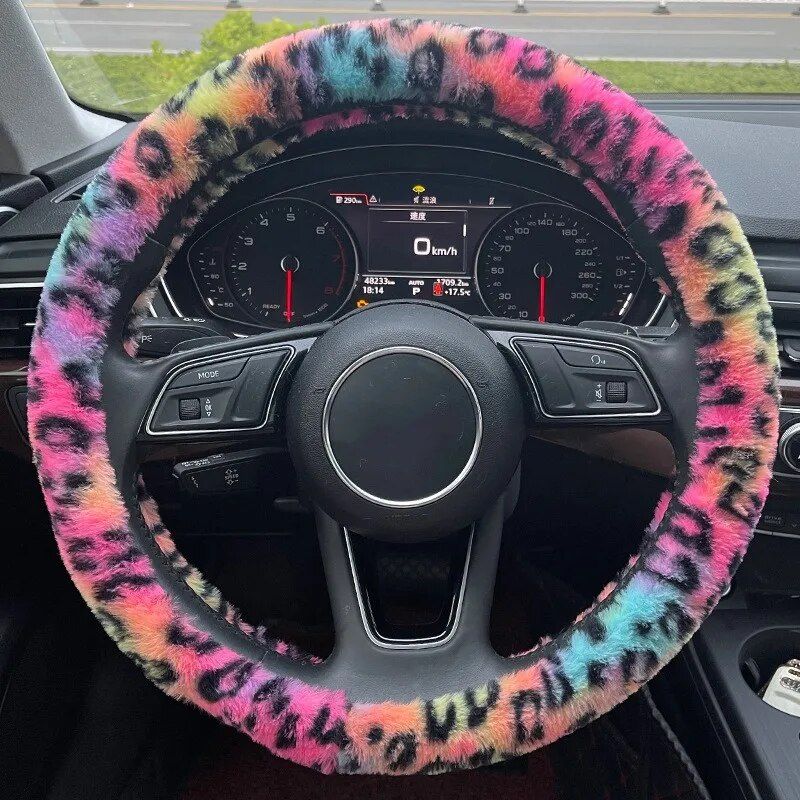 Lisslune | Universal Plush Leopard Car Steering Wheel Cover