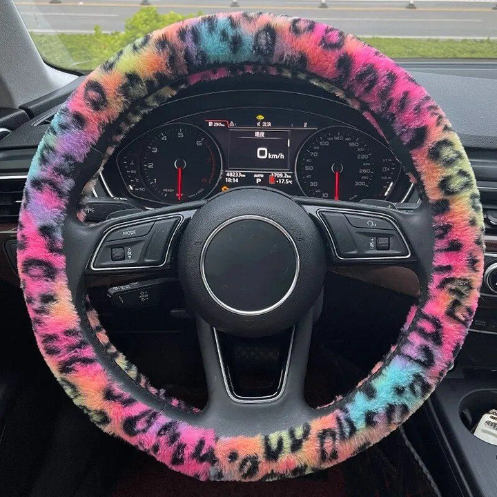 Lisslune | Universal Plush Leopard Car Steering Wheel Cover