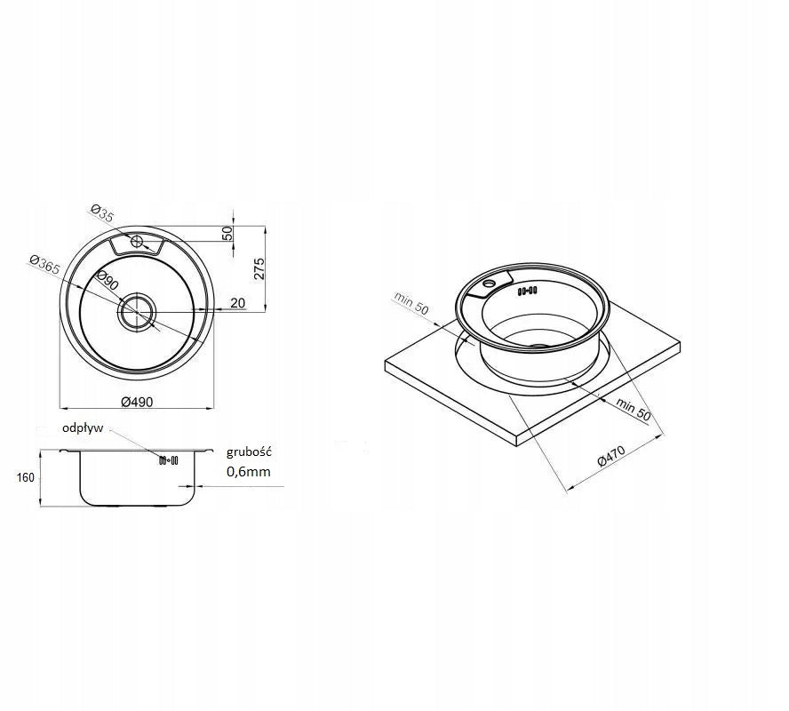 Lisslune | Single Bowl Kitchen Sink Round Micro Len 49 x 16 + Siphon
