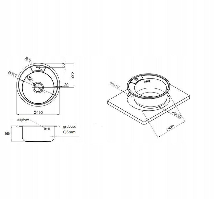Lisslune | Single Bowl Kitchen Sink Round Micro Len 49 x 16 + Siphon