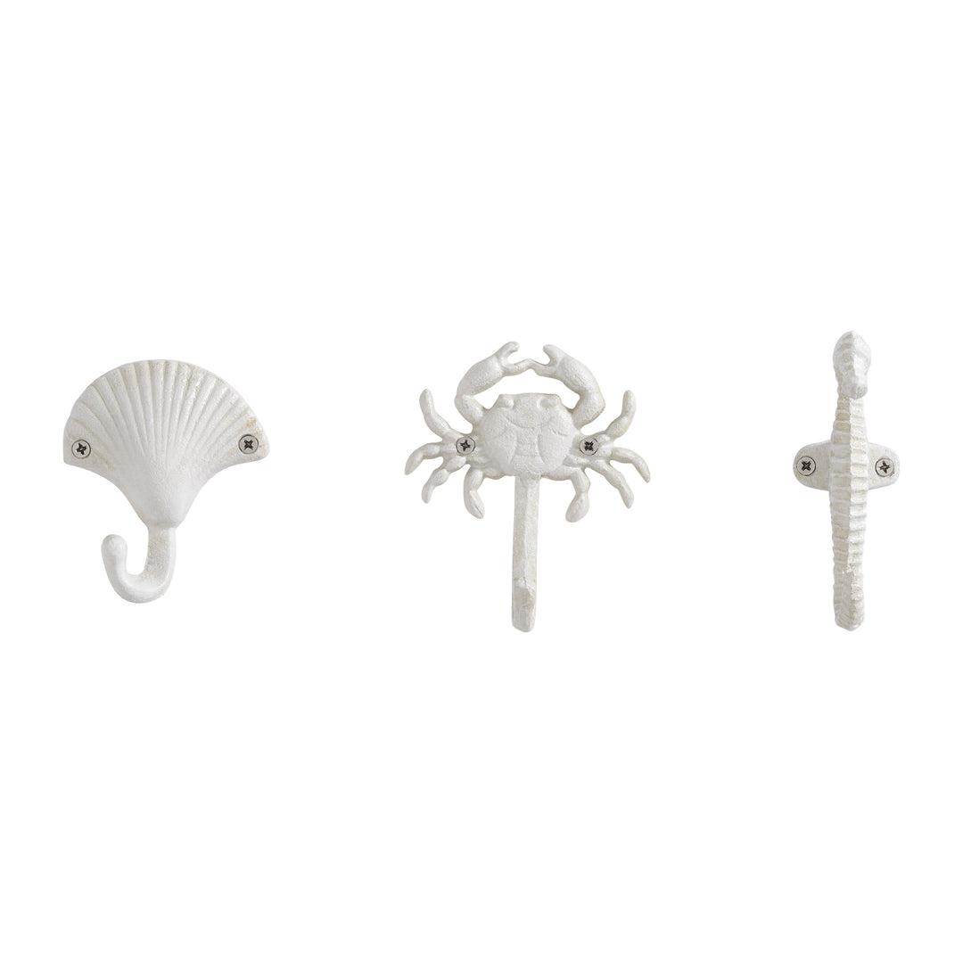 Lisslune | White Cast Iron Nautical Ocean Figure Sculpture Decorative Utility Wall Hook Set of 3 - Shell, Crab, Seahorse
