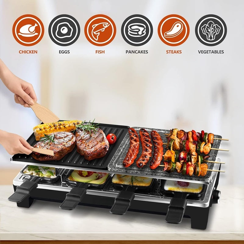 Lisslune | Electric Grill with Reversible Non-Stick Plate and Raclette Trays for Indoor Cooking