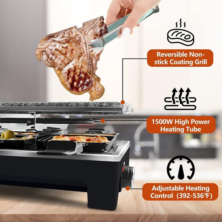 Lisslune | Electric Grill with Reversible Non-Stick Plate and Raclette Trays for Indoor Cooking
