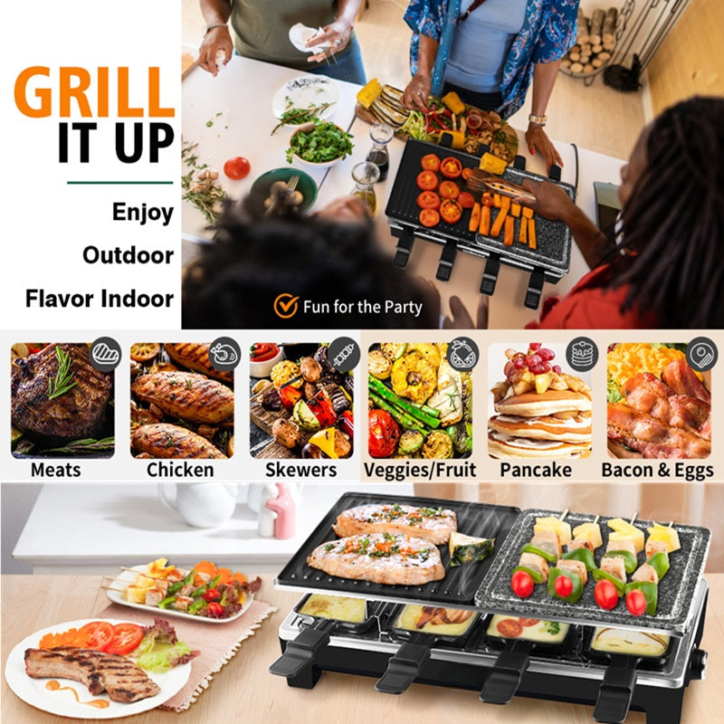 Lisslune | Electric Grill with Reversible Non-Stick Plate and Raclette Trays for Indoor Cooking