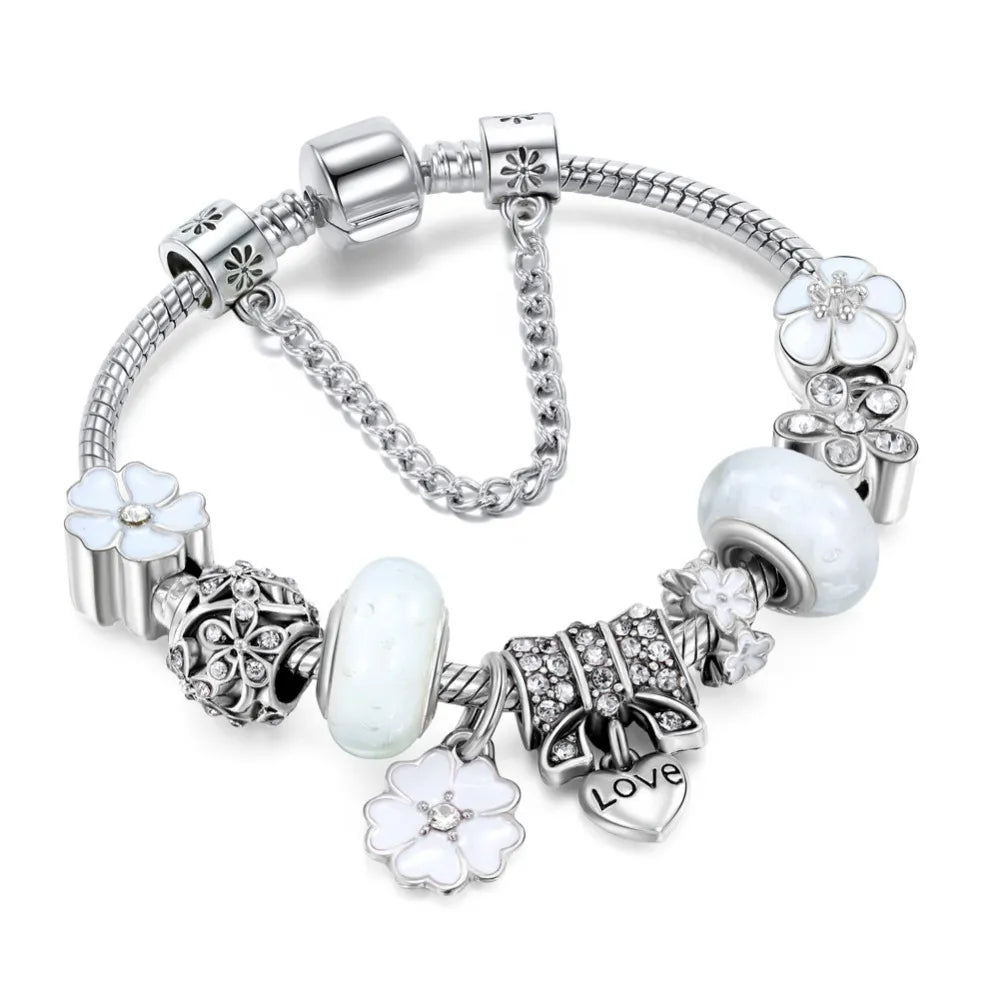 Lisslune | Elegant Floral Charm Bracelet in 925 Sterling Silver for Women - Nature-Inspired Design