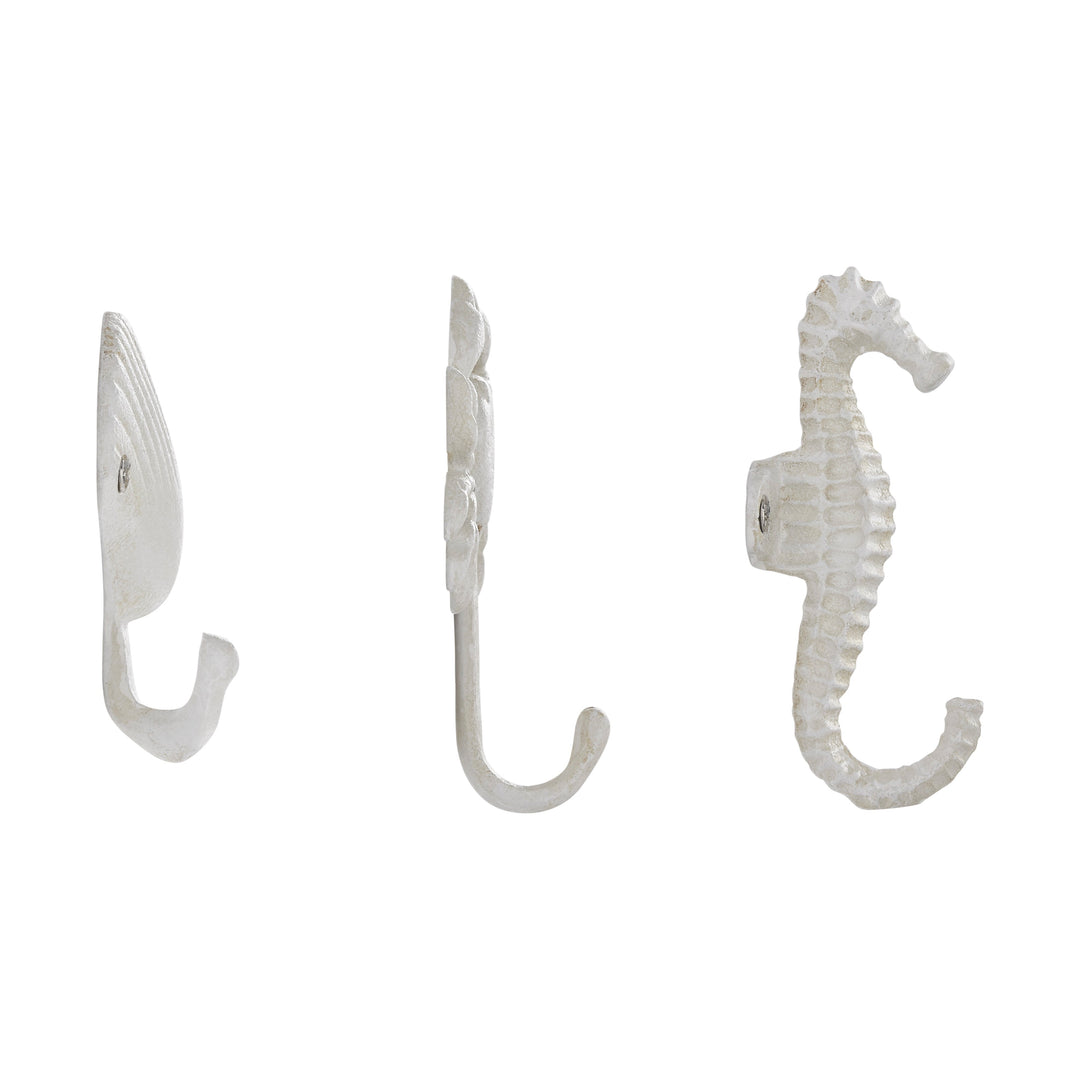 Lisslune | White Cast Iron Nautical Ocean Figure Sculpture Decorative Utility Wall Hook Set of 3 - Shell, Crab, Seahorse