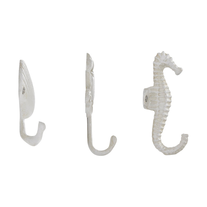 Lisslune | White Cast Iron Nautical Ocean Figure Sculpture Decorative Utility Wall Hook Set of 3 - Shell, Crab, Seahorse