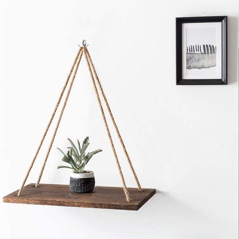 Lisslune | Scandinavian Wood Hanging Shelf - Minimalist Floating Wall Shelf with String