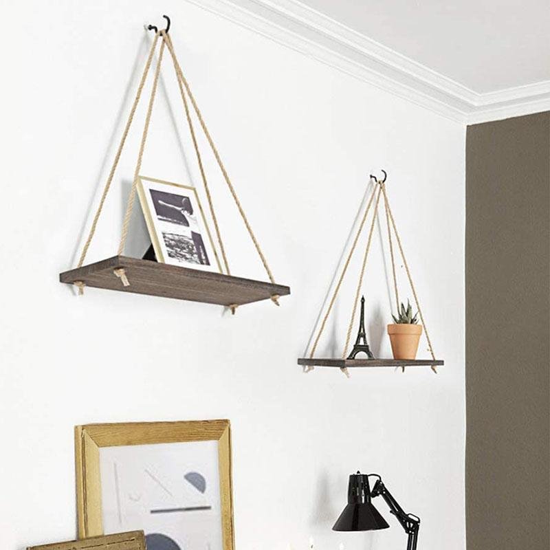 Lisslune | Scandinavian Wood Hanging Shelf - Minimalist Floating Wall Shelf with String