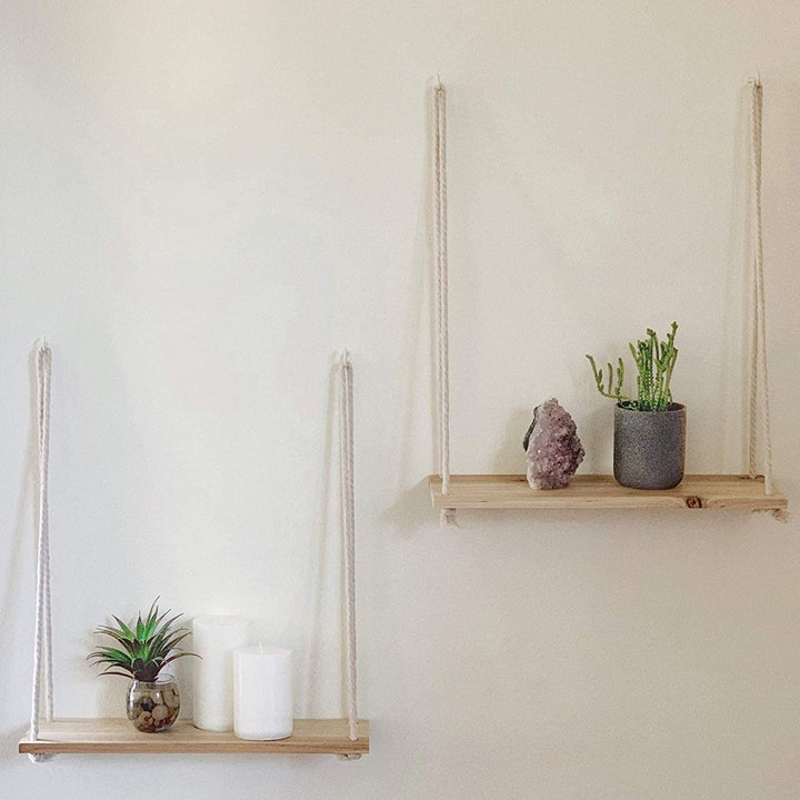 Lisslune | Scandinavian Wood Hanging Shelf - Minimalist Floating Wall Shelf with String