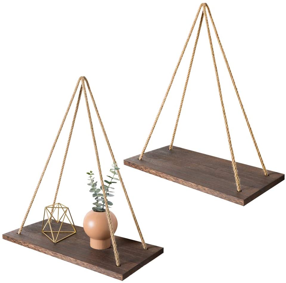 Lisslune | Scandinavian Wood Hanging Shelf - Minimalist Floating Wall Shelf with String