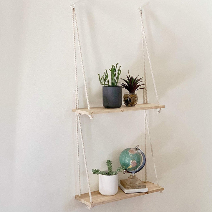 Lisslune | Scandinavian Wood Hanging Shelf - Minimalist Floating Wall Shelf with String