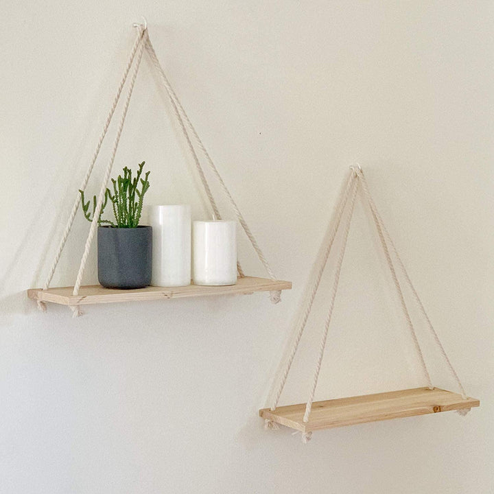 Lisslune | Scandinavian Wood Hanging Shelf - Minimalist Floating Wall Shelf with String