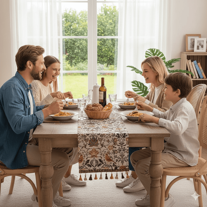 Lisslune | EVERBLOOM LINENS – Elegant Table Runner with Floral & Bird Jacquard Design