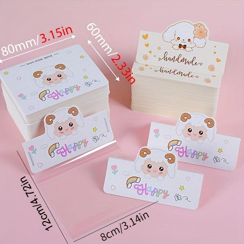 Lisslune | Charming Cartoon Gift Tags - 100 Handmade Sets with Clear OPP Bags for Small Businesses and Gifts