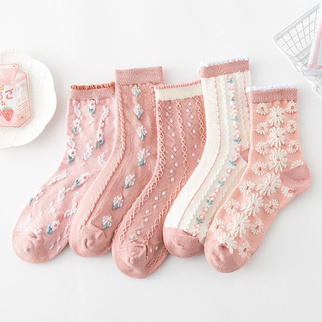 Lisslune | 5 Pair Vintage Flower Embroidery Socks