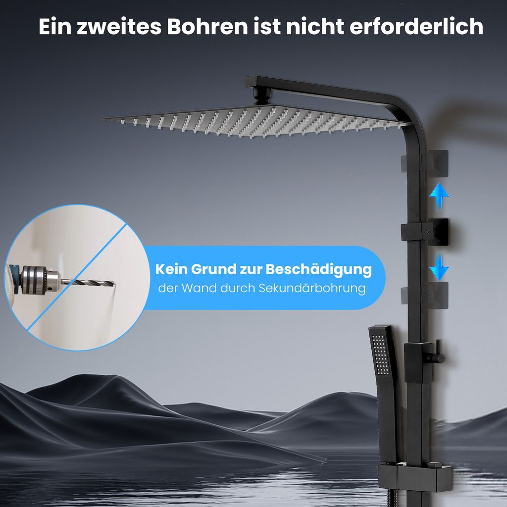 Lisslune | Rain shower without fitting Black shower system without thermostat Shower set Square Stainless steel head shower 30x30CM