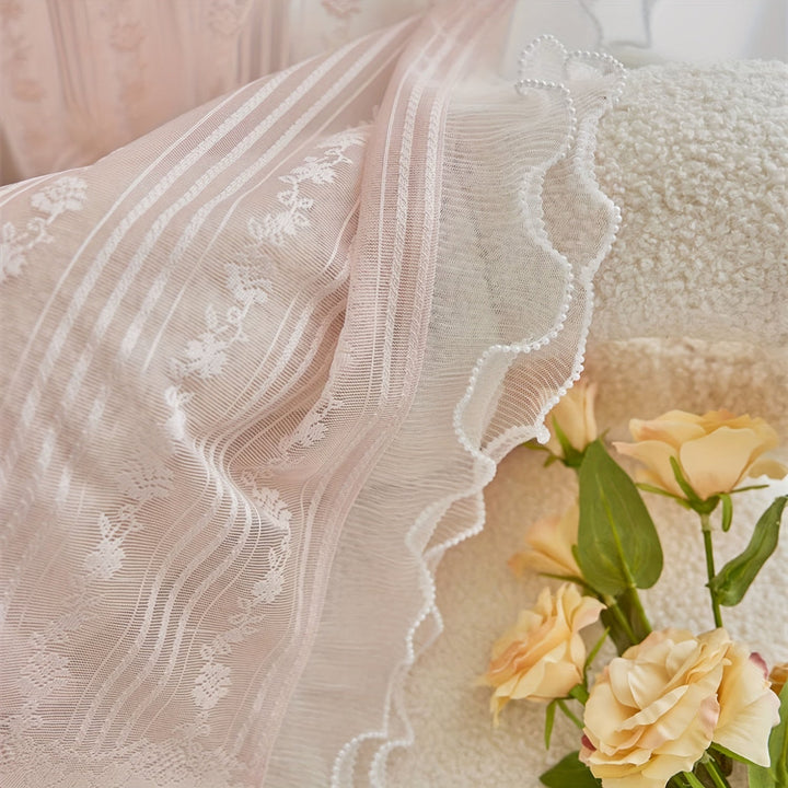 Rynx | 2pcs Pink Lace Ruffle Curtains] 2pcs Aifish Pink Lace Tulle Ruffle Curtains - Double Layer Beaded Voile with Curtain Rod Pocket, Romantic Window Decoration for Bedroom & Living Room, Polyester Fabric, Curtains for Bedroom