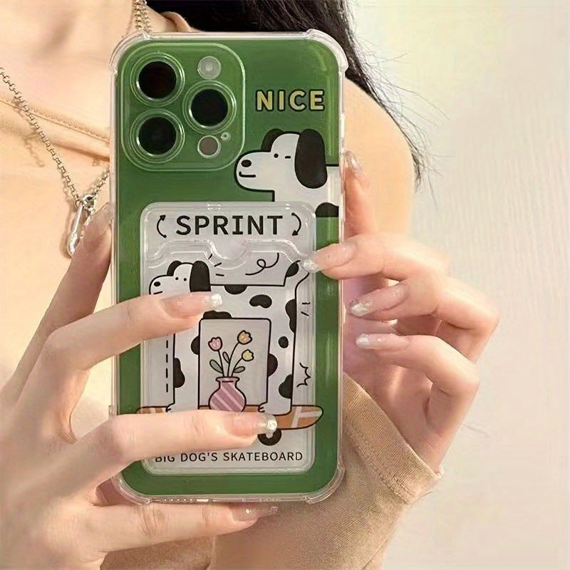 Lisslune | Stoßfester Kartenhalter Telefonhülle | Grünes Skateboard-Beflecktes Hundecartoon-Design mit Fotoschlitzen | Kompatibel mit iPhone 16, 16 Pro, 16 Pro Max, 15 Pro, 15 Pro Max, 14, 14 Pro Max, 13, 12, 11, XS Max, XR, 7, 8, SE, 12,