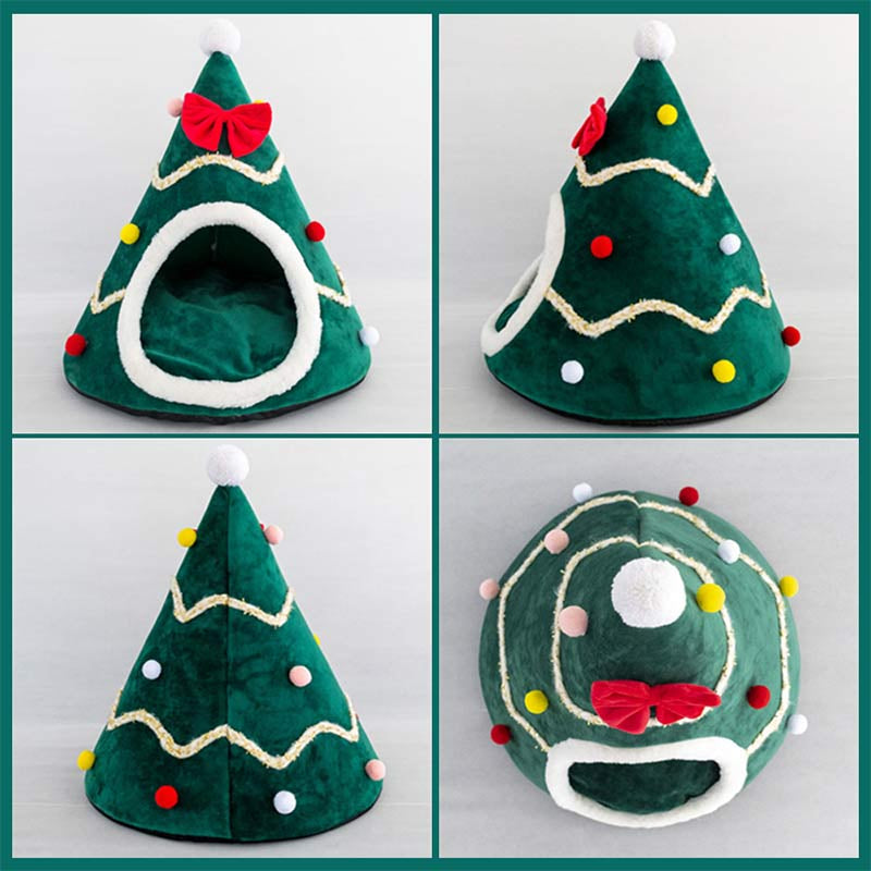 Lisslune | Cat Bed House Christmas Tree Shape Puppy Accommodation Washable Cat Mat Kitten Cave Winter Warm Pet Beds for Cats Dogs Pet Accessories