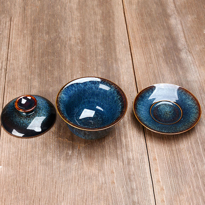 Lisslune | Vintage Kiln Ceramic Gaiwan Sancai Tea Cup Tea Cup and Saucer with Lid